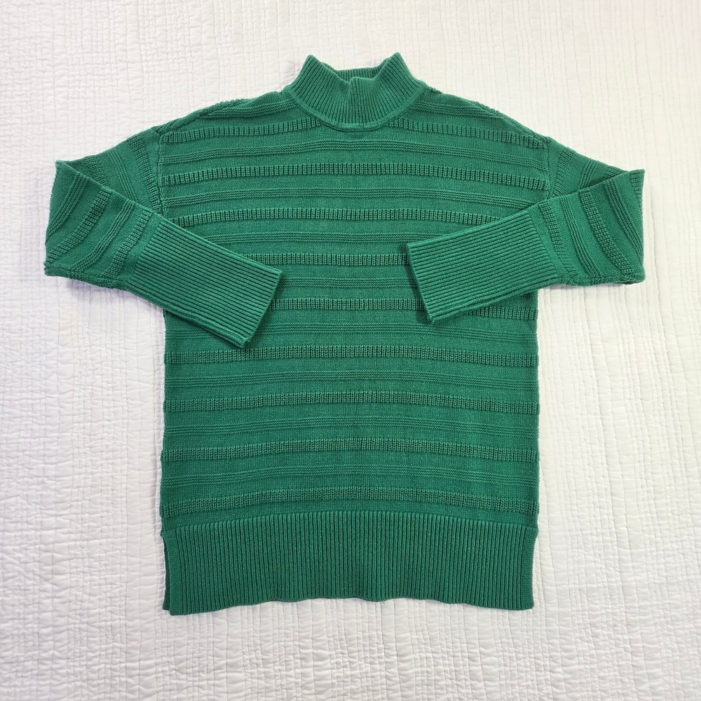 Loft Green Mock Neck Ribbed Knit Sweater Drop Shoulder Side Slit EUC Womens XS